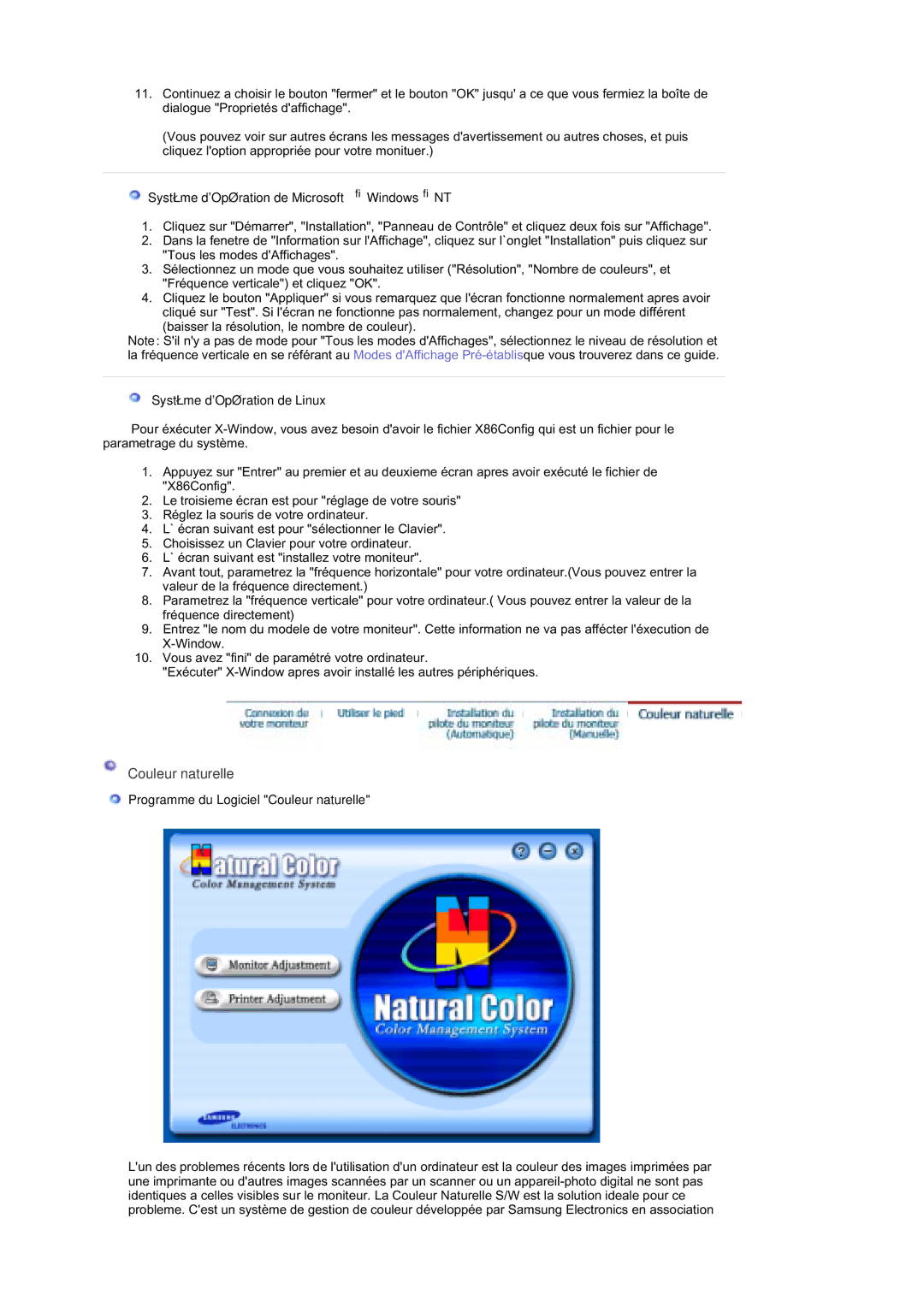 Samsung RT19FSSS/EDC manual Couleur naturelle, Système dOpération de Microsoft Windows NT, Système dOpération de Linux 