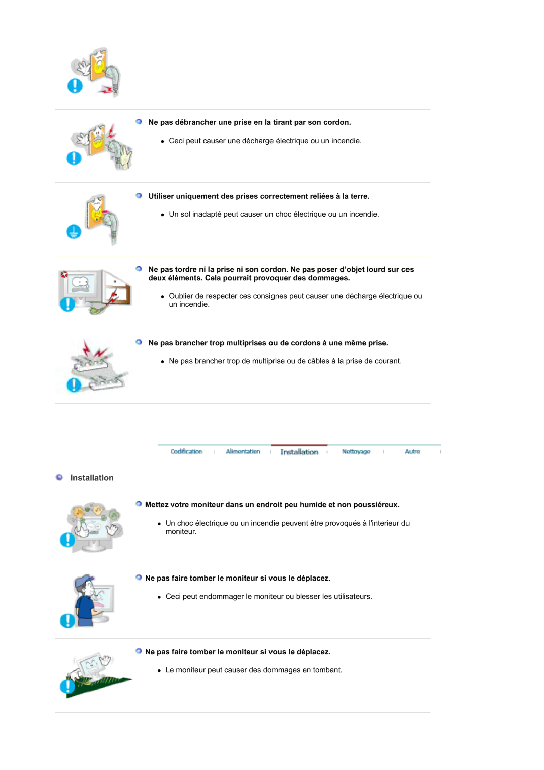 Samsung RT19FSSS/EDC manual Installation, Ne pas débrancher une prise en la tirant par son cordon 