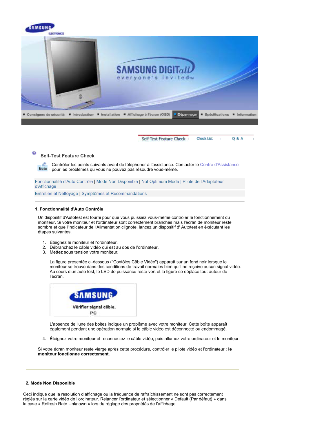 Samsung RT19FSSS/EDC manual Self-Test Feature Check, Fonctionnalité dAuto Contrôle, Mode Non Disponible 