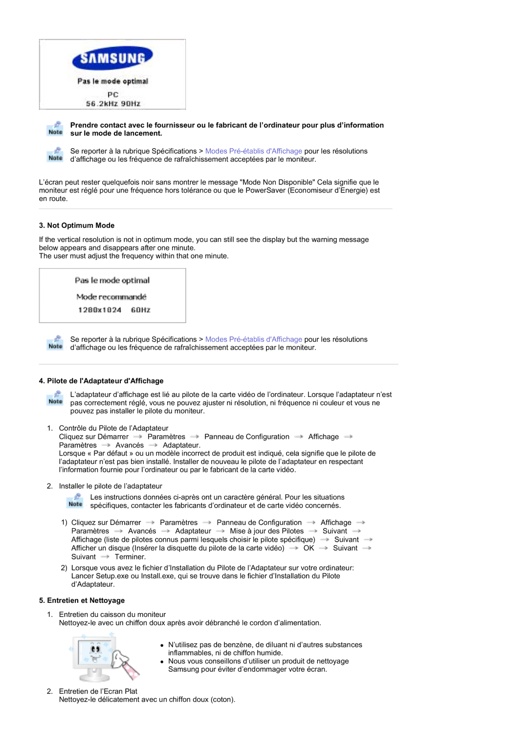 Samsung RT19FSSS/EDC manual Not Optimum Mode, Pilote de lAdaptateur dAffichage, Entretien et Nettoyage 