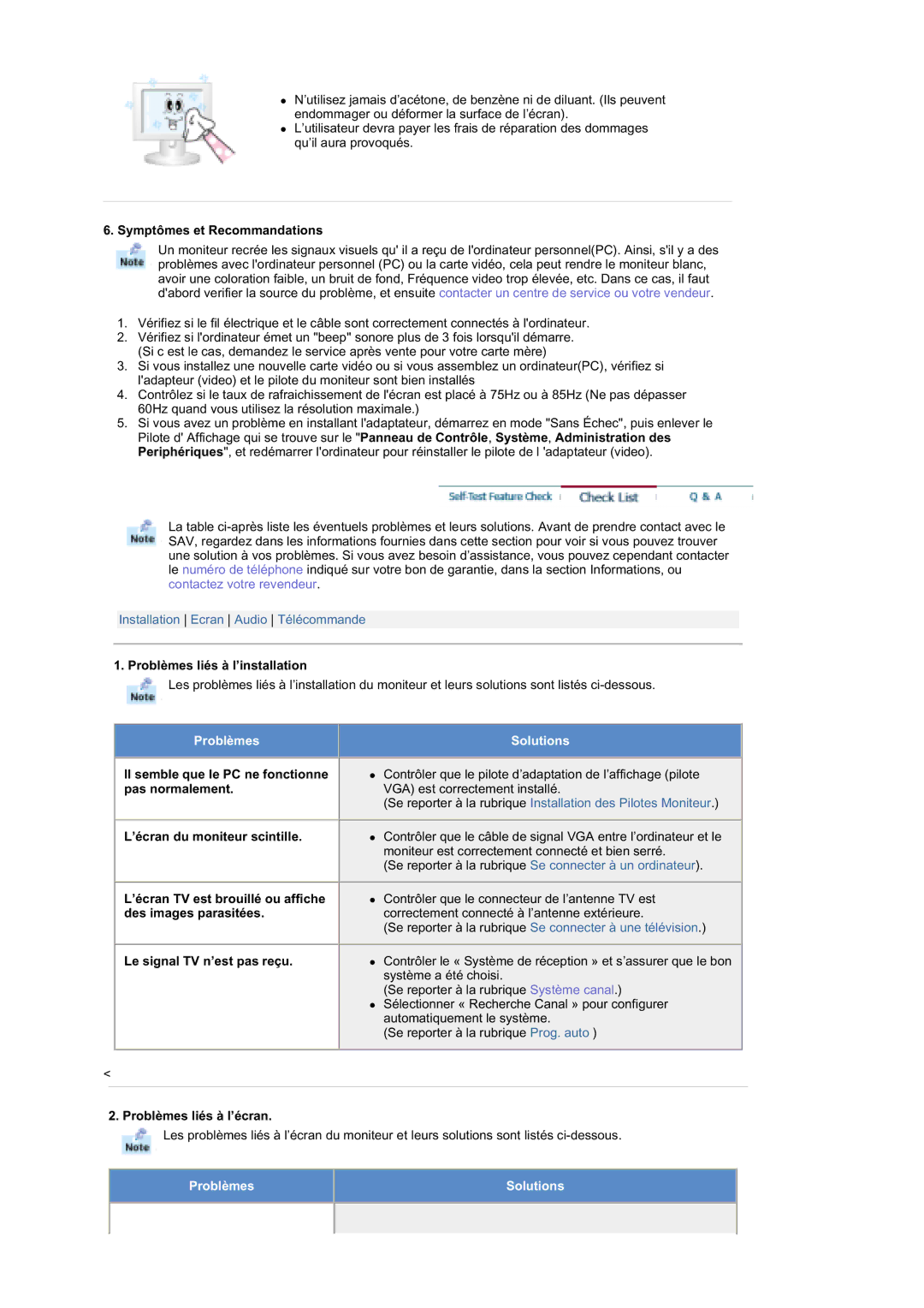 Samsung RT19FSSS/EDC manual Symptômes et Recommandations, Problèmes liés à l’installation, Problèmes liés à l’écran 