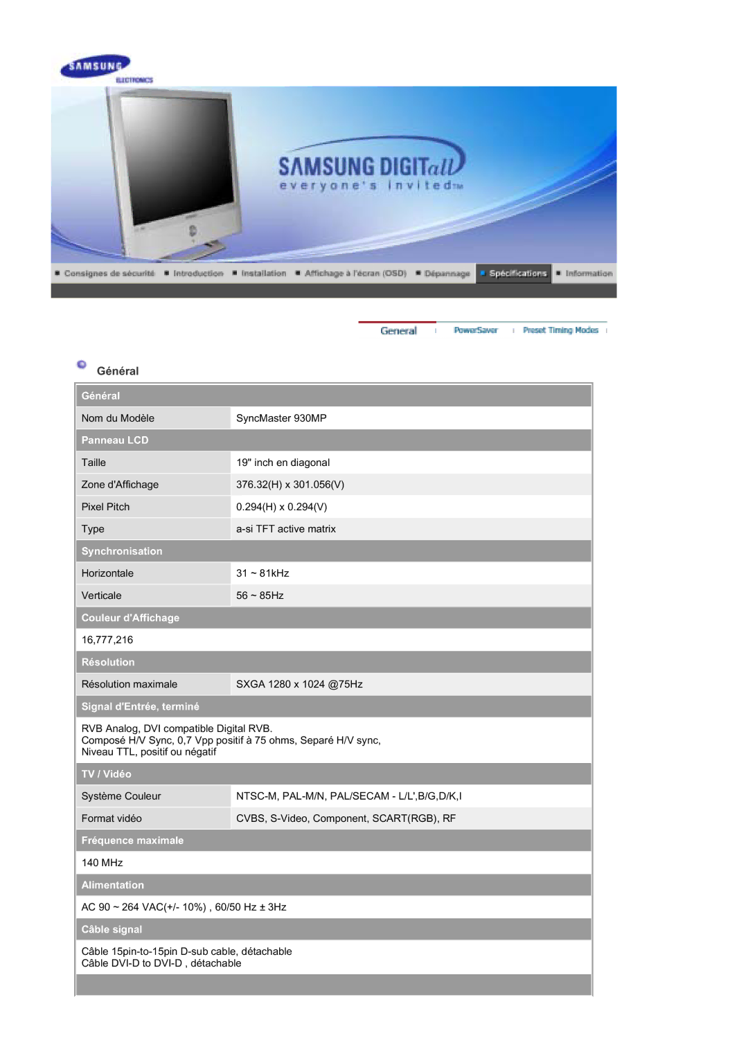 Samsung RT19FSSS/EDC manual Général, Panneau LCD 