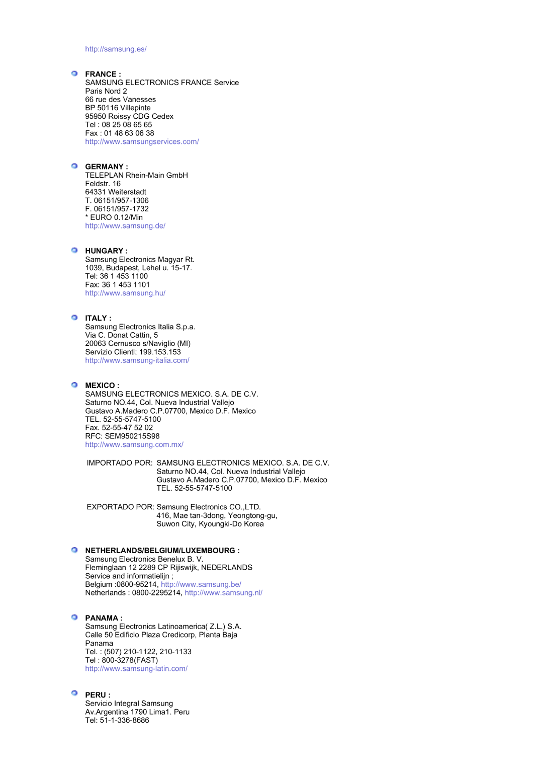 Samsung RT19FSSS/EDC manual France, Germany, Hungary, Italy, Mexico, Netherlands/Belgium/Luxembourg, Panama, Peru 