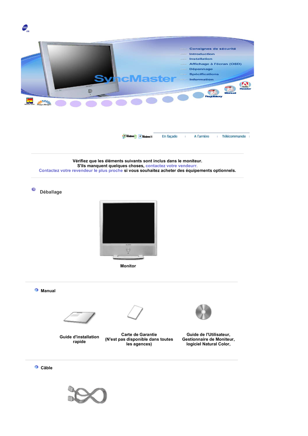 Samsung RT19FSSS/EDC manual Déballage, Monitor Manual, Câble 