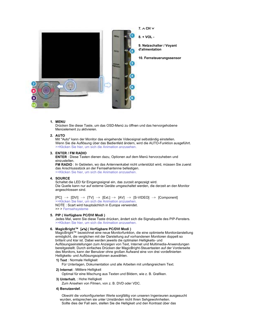 Samsung RT19FSSS/EDC Menu, Enter / FM Radio, PIP Verfügbare PC/DVI Modi, MagicBright Verfügbare PC/DVI Modi, Benutzerdef 