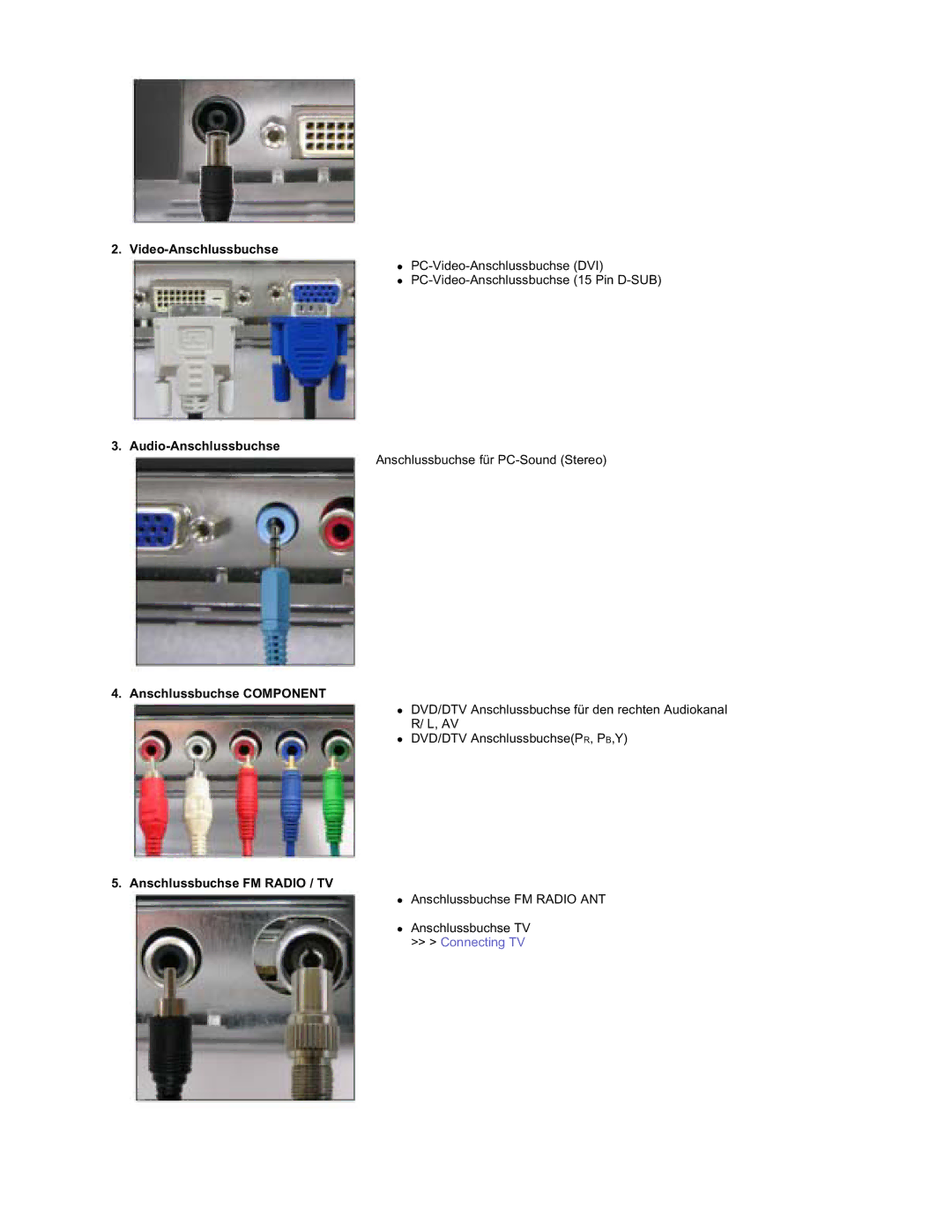 Samsung RT19FSSS/EDC manual Video-Anschlussbuchse, Audio-Anschlussbuchse, Anschlussbuchse Component 