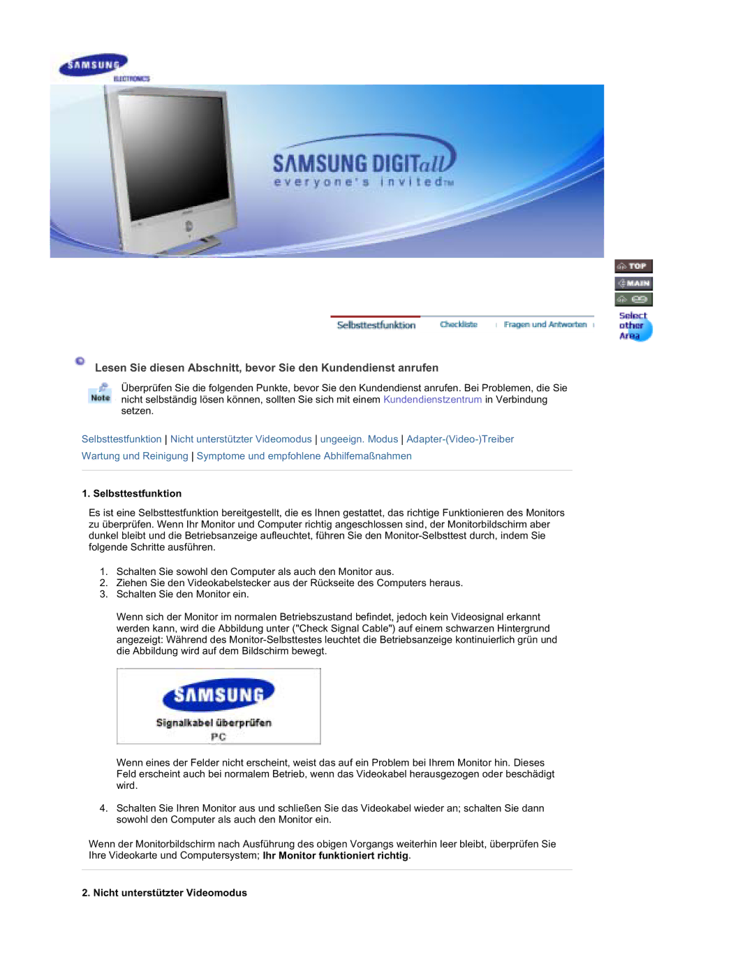 Samsung RT19FSSS/EDC manual Selbsttestfunktion, Nicht unterstützter Videomodus 