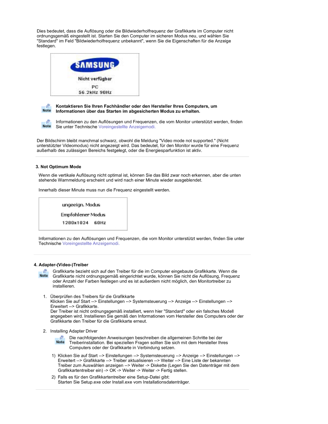 Samsung RT19FSSS/EDC manual Not Optimum Mode, Adapter-Video-Treiber 