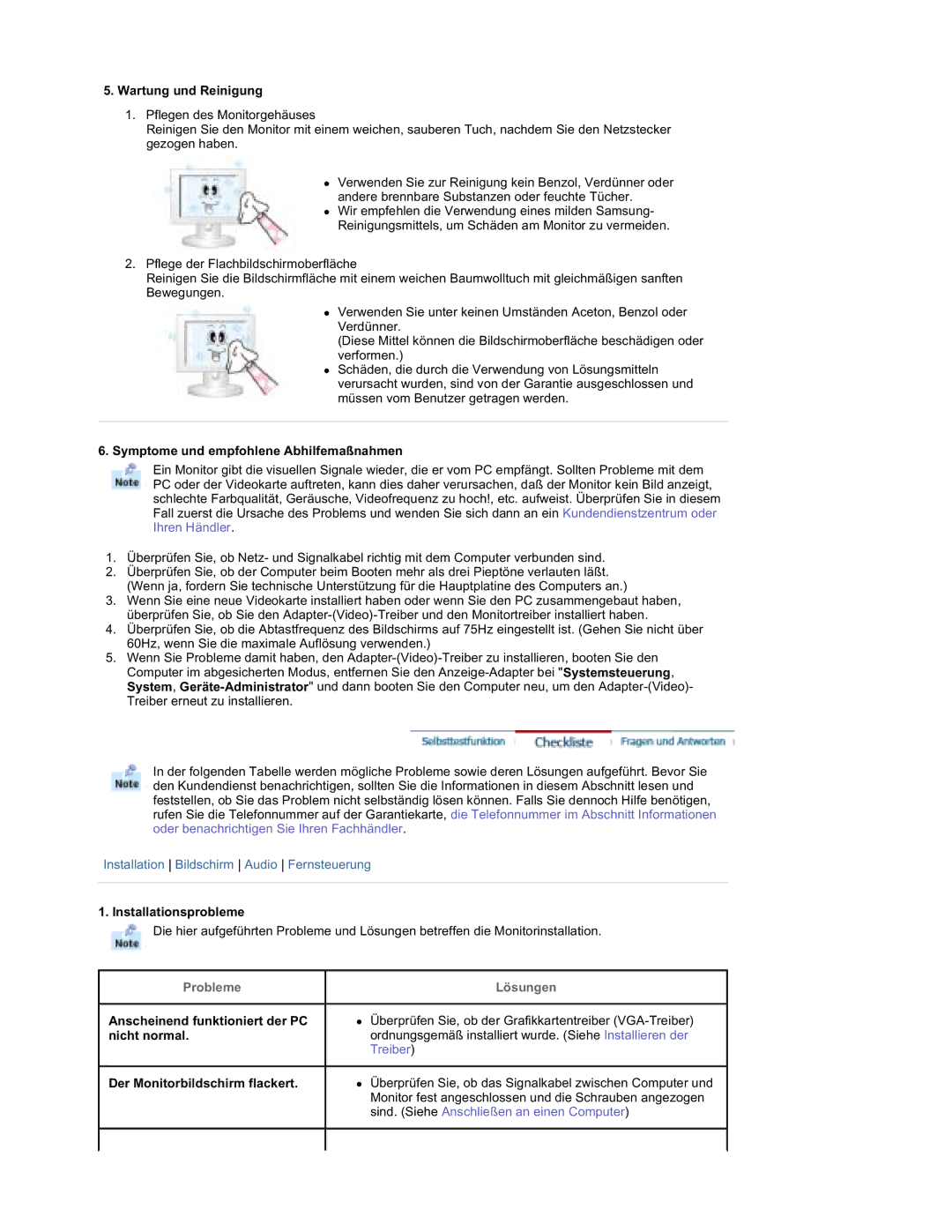 Samsung RT19FSSS/EDC manual Wartung und Reinigung, Symptome und empfohlene Abhilfemaßnahmen, Installationsprobleme 