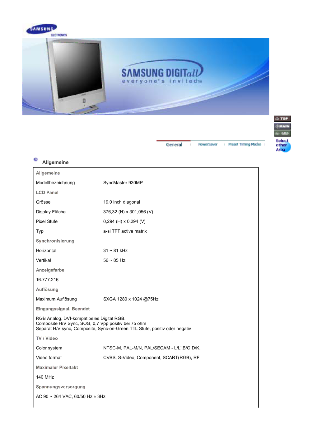 Samsung RT19FSSS/EDC manual Allgemeine, LCD Panel 