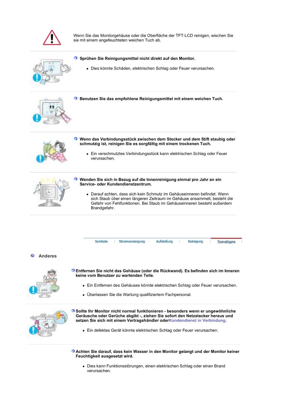 Samsung RT19FSSS/EDC manual Anderes, Sprühen Sie Reinigungsmittel nicht direkt auf den Monitor 