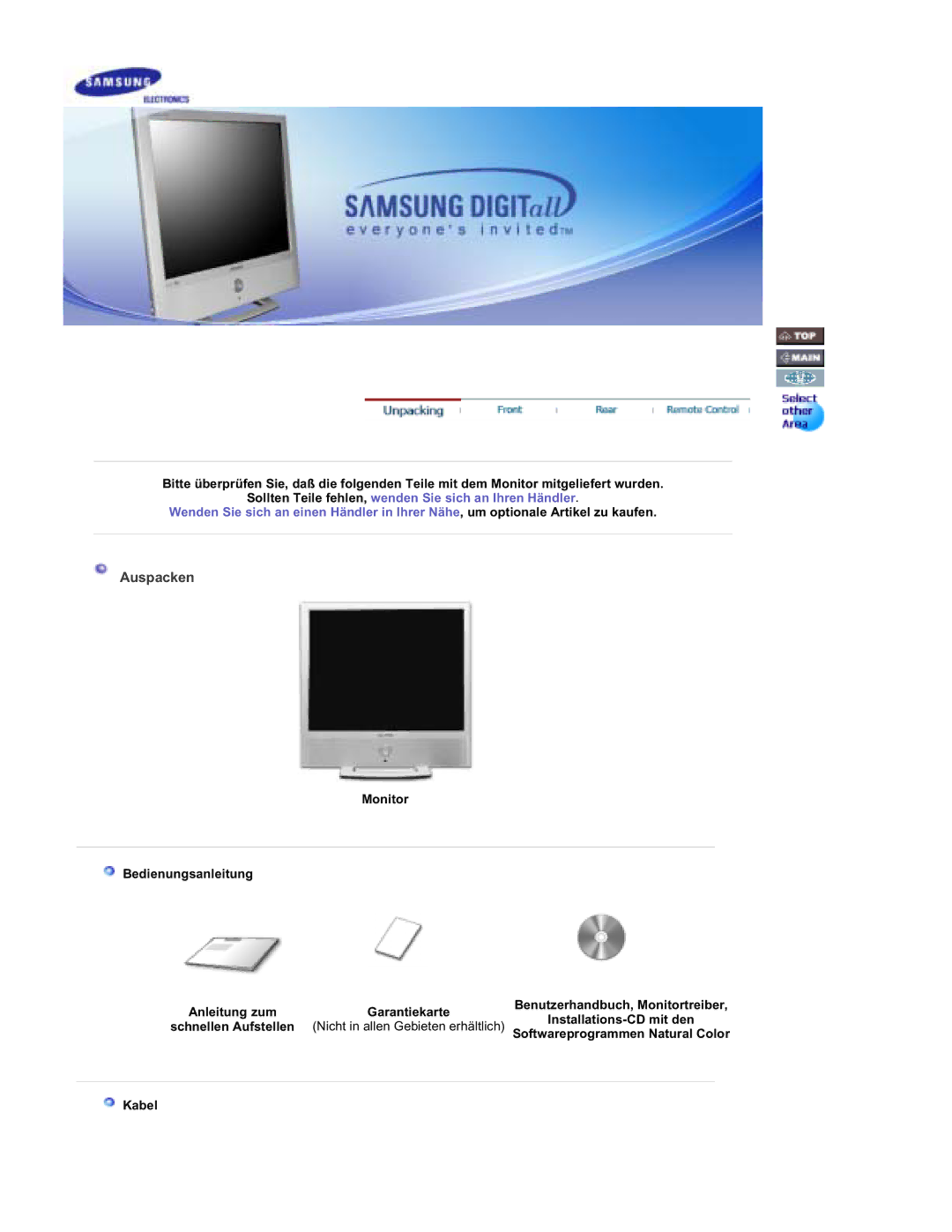 Samsung RT19FSSS/EDC manual Auspacken, Monitor Bedienungsanleitung, Nicht in allen Gebieten erhältlich, Kabel 