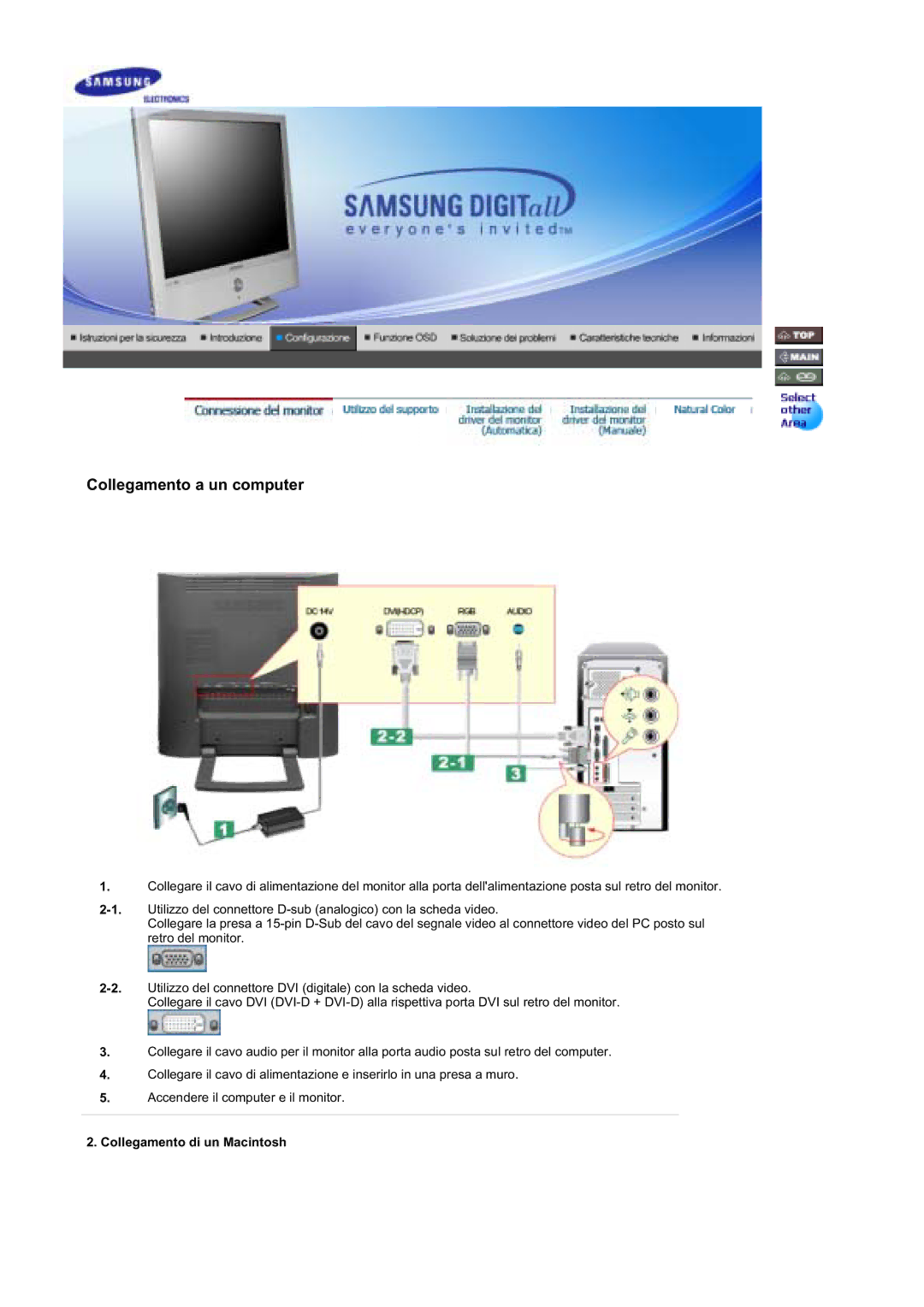 Samsung RT19FSSS/EDC manual Collegamento a un computer, Collegamento di un Macintosh 