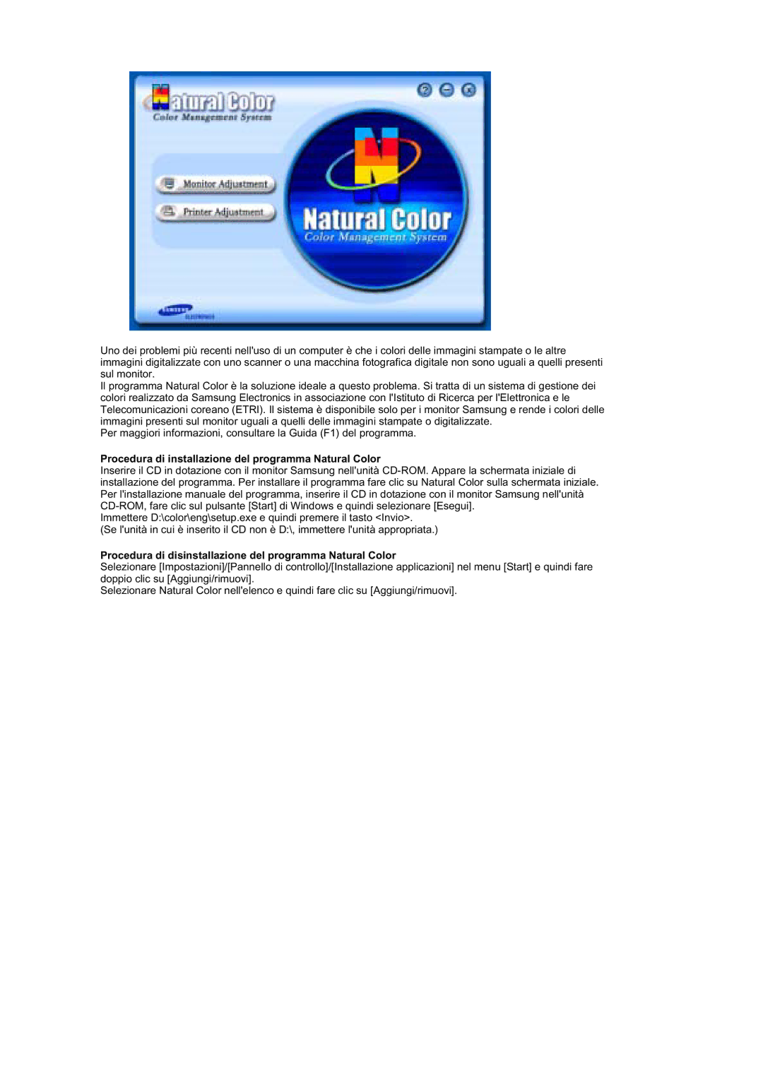Samsung RT19FSSS/EDC manual Procedura di installazione del programma Natural Color 