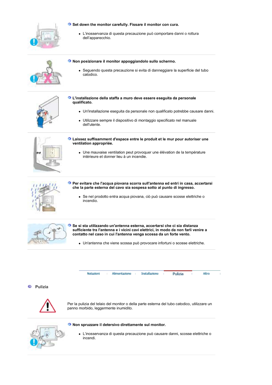 Samsung RT19FSSS/EDC manual Pulizia, Set down the monitor carefully. Fissare il monitor con cura 