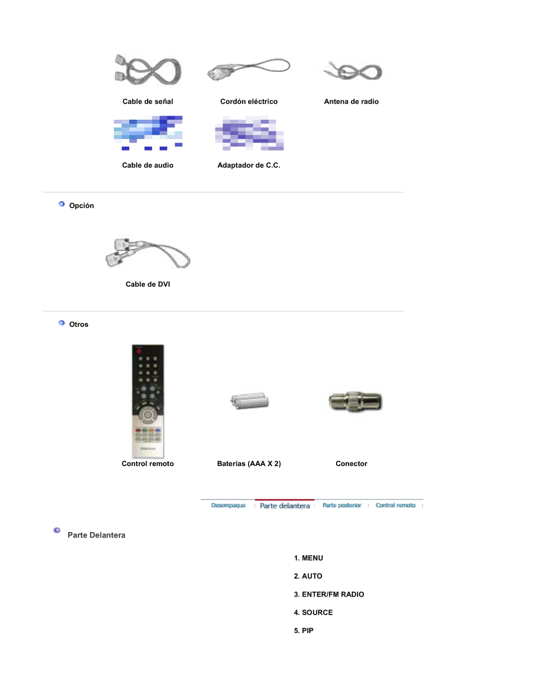 Samsung RT19FSSS/EDC manual Parte Delantera, Menu Auto ENTER/FM Radio Source 