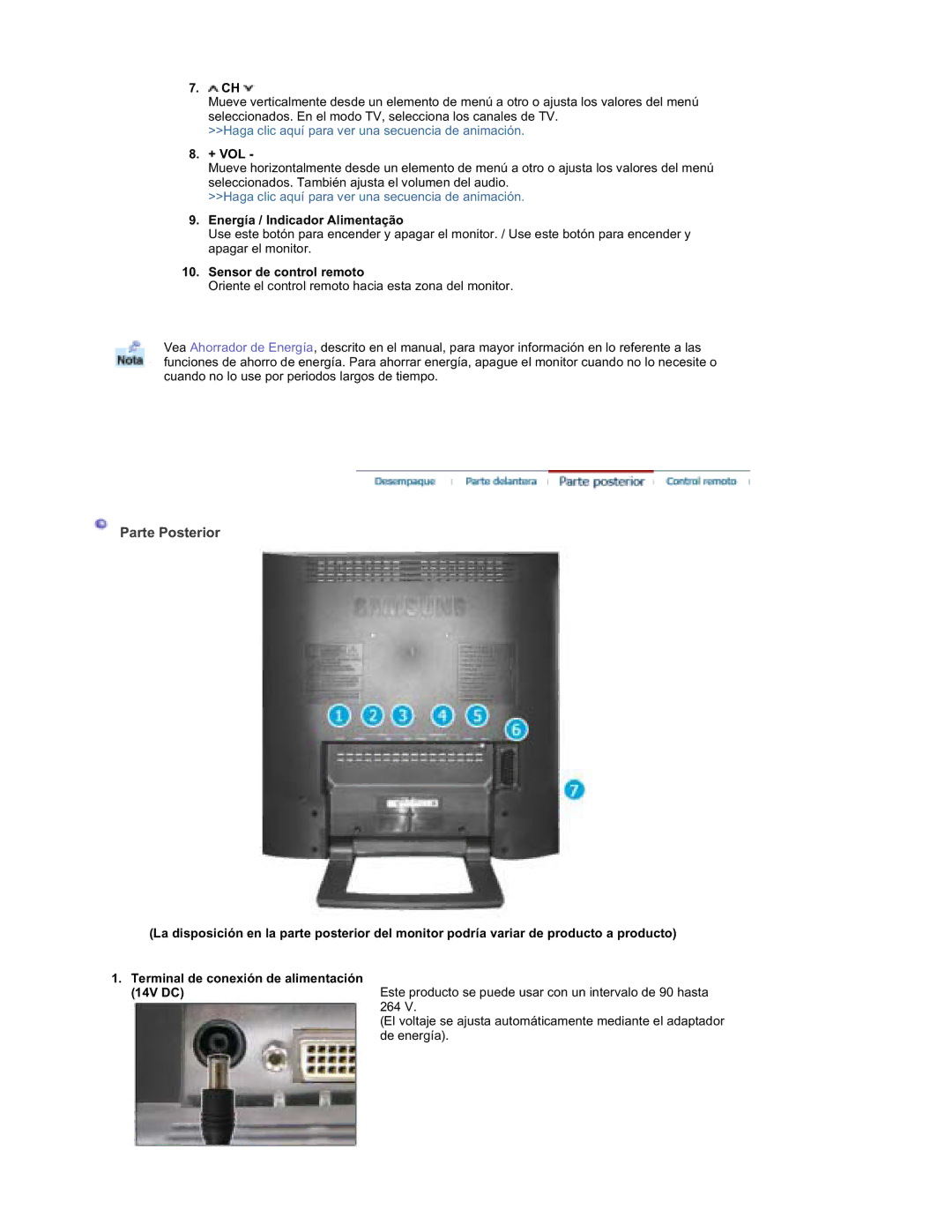 Samsung RT19FSSS/EDC manual Parte Posterior, Energía / Indicador Alimentação, 14V DC 