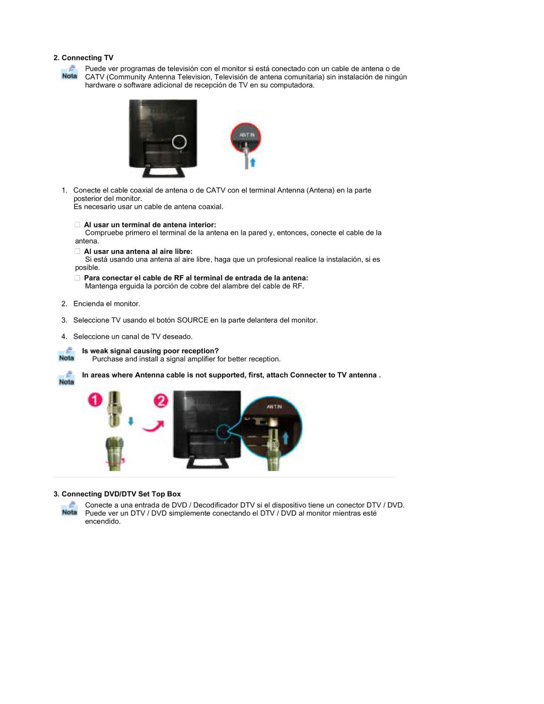 Samsung RT19FSSS/EDC manual Connecting TV, Al usar un terminal de antena interior, Al usar una antena al aire libre 