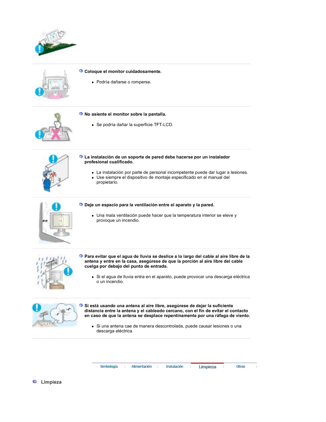 Samsung RT19FSSS/EDC manual Limpieza, Coloque el monitor cuidadosamente, No asiente el monitor sobre la pantalla 