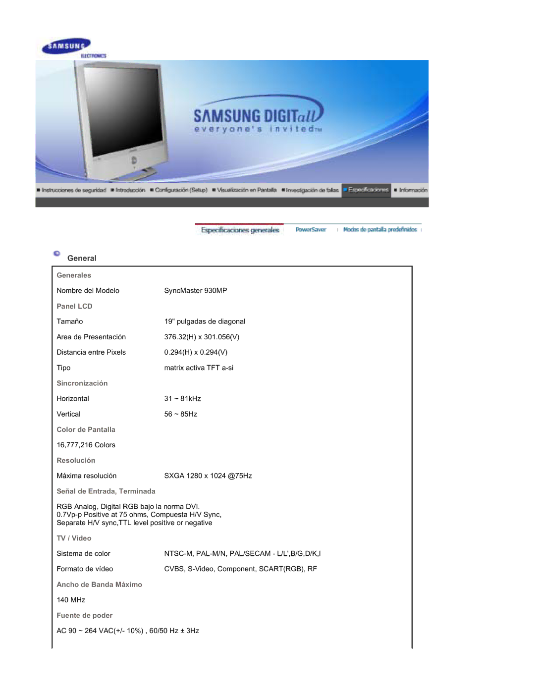 Samsung RT19FSSS/EDC manual General, Panel LCD 