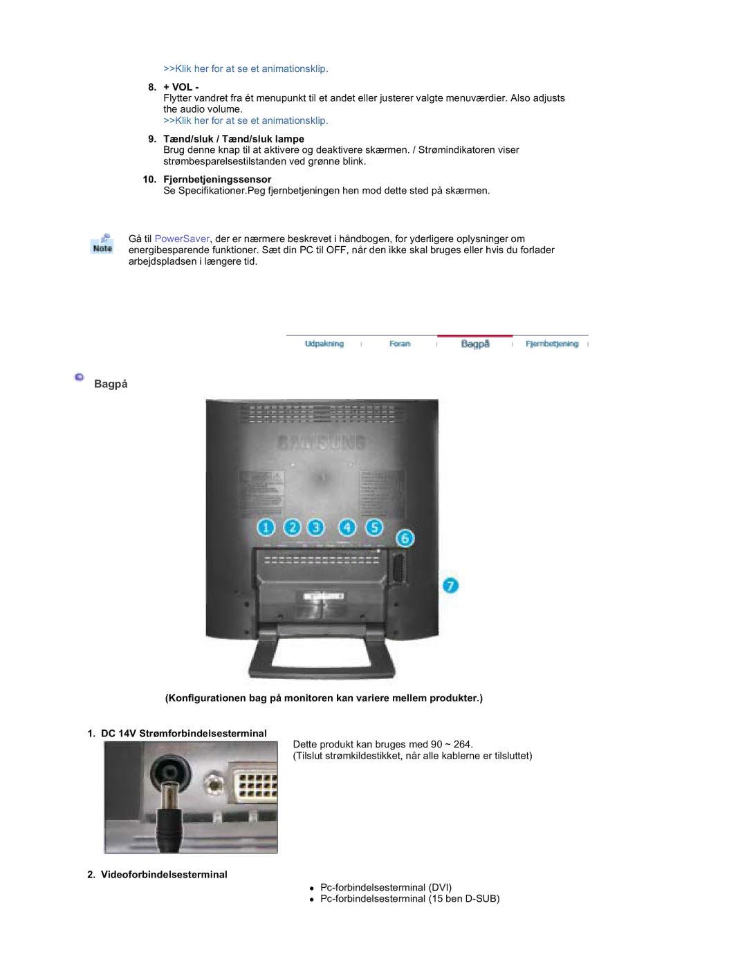 Samsung RT19FSSS/EDC manual Bagpå, + Vol, Tænd/sluk / Tænd/sluk lampe, Videoforbindelsesterminal 