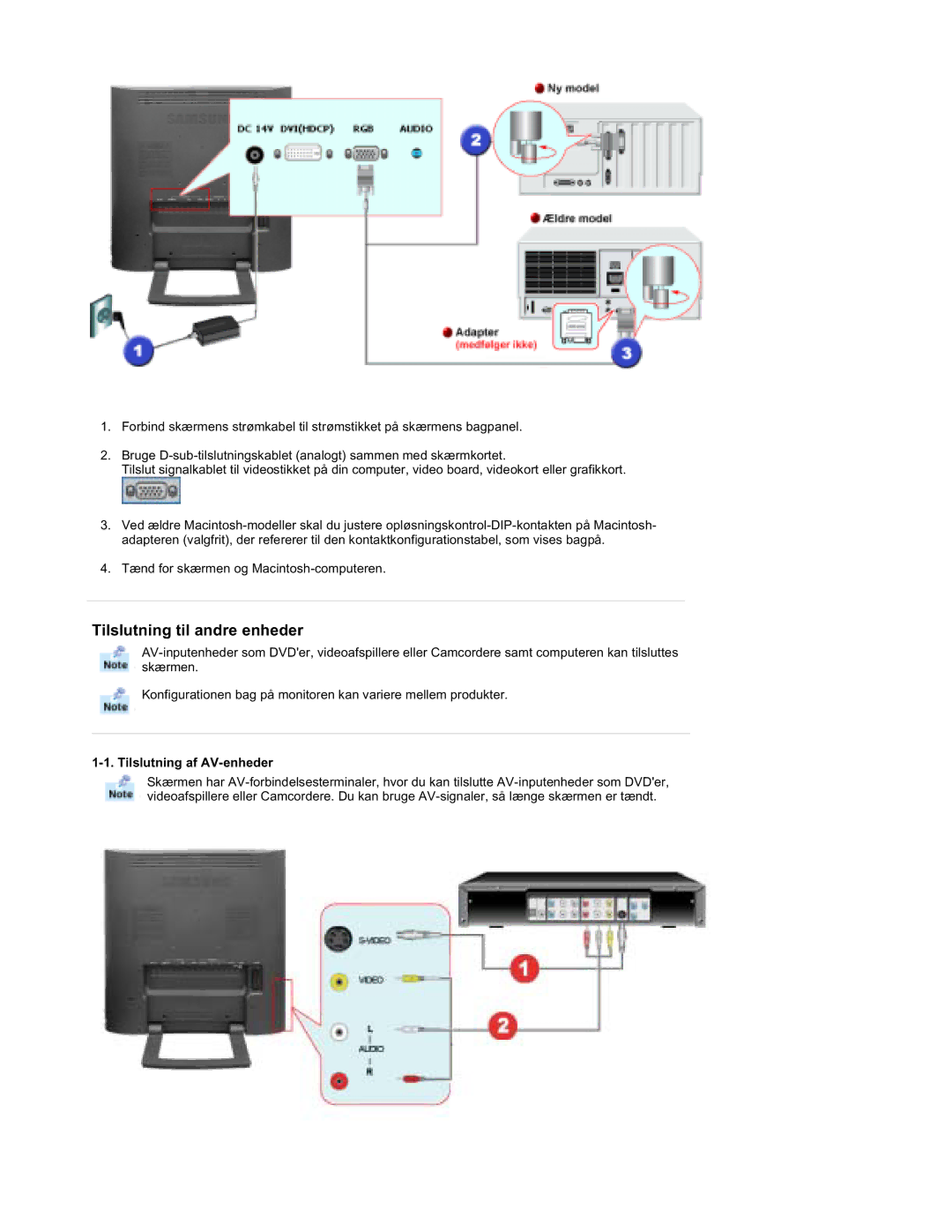 Samsung RT19FSSS/EDC manual Tilslutning til andre enheder, Tilslutning af AV-enheder 