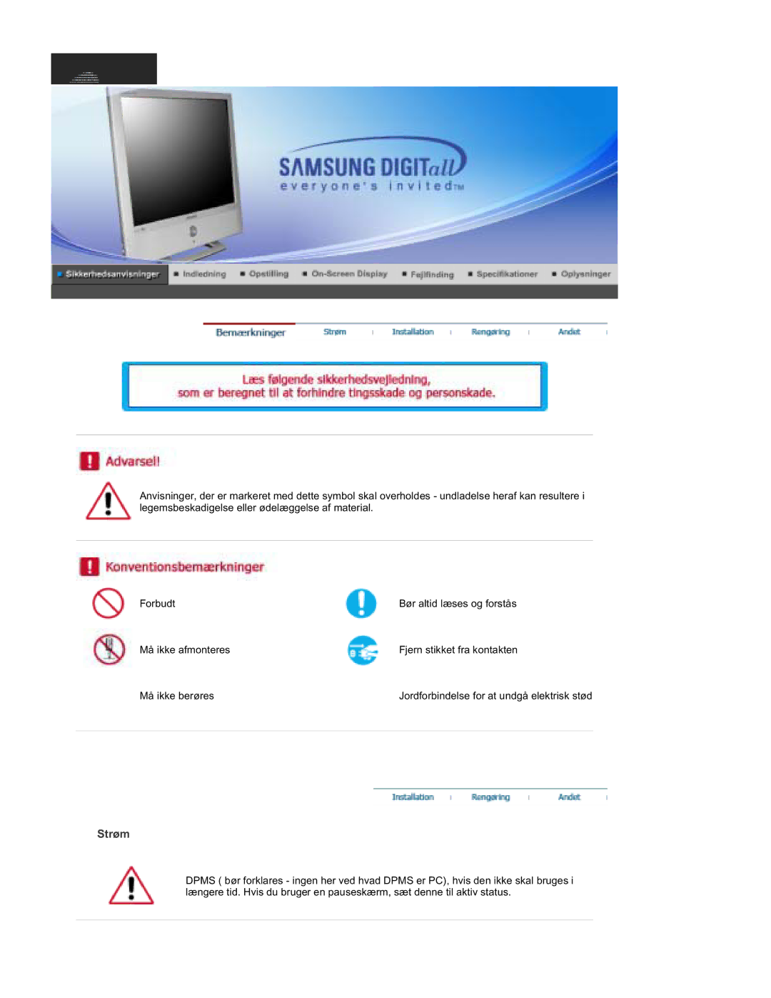 Samsung RT19FSSS/EDC manual Strøm 