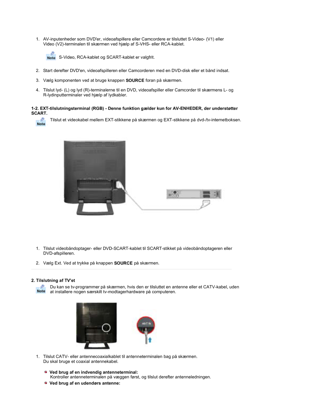 Samsung RT19FSSS/EDC Scart, Tilslutning af TVet, Ved brug af en indvendig antenneterminal, Ved brug af en udendørs antenne 