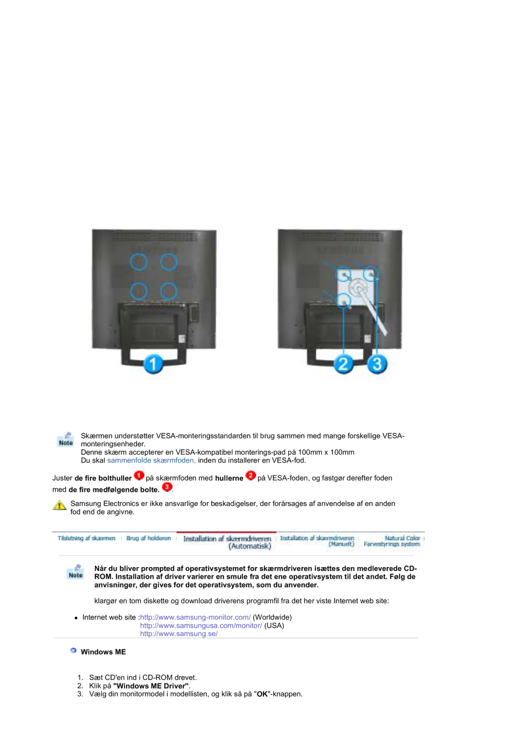 Samsung RT19FSSS/EDC manual Med de fire medfølgende bolte, Klik på Windows ME Driver 