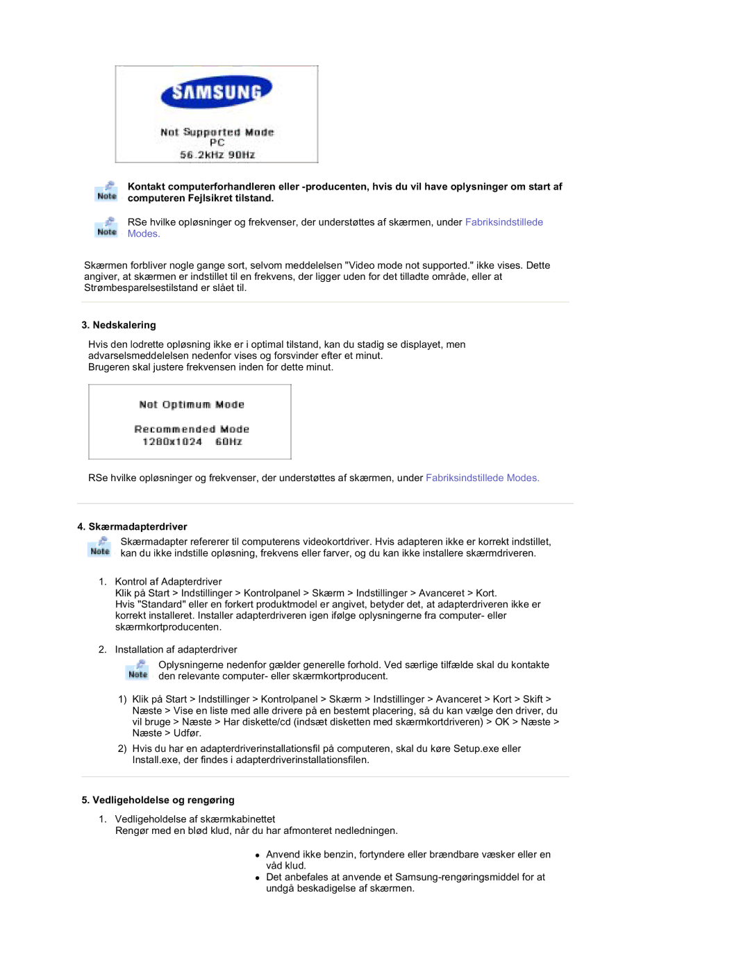 Samsung RT19FSSS/EDC manual Nedskalering, Skærmadapterdriver, Vedligeholdelse og rengøring 