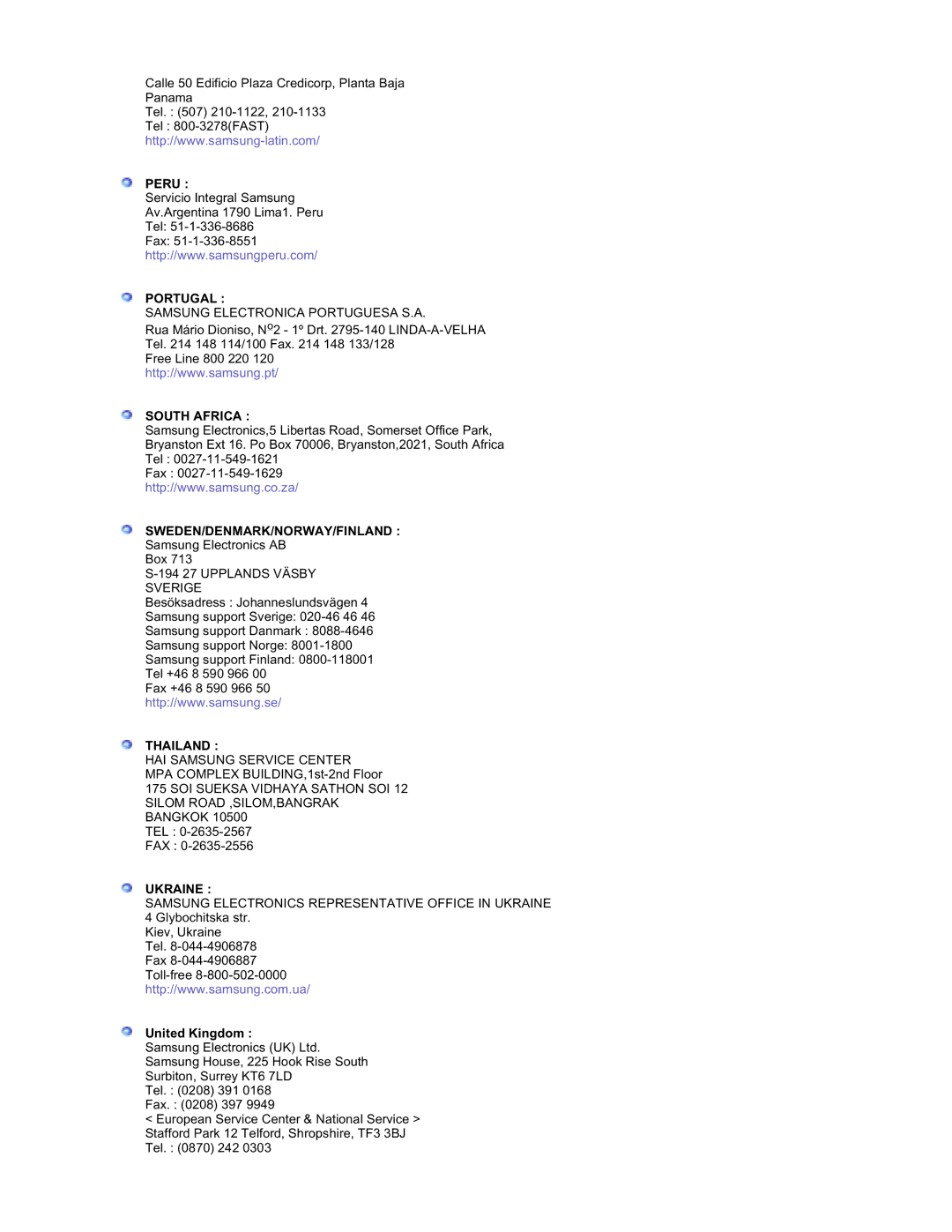 Samsung RT19FSSS/EDC manual Peru, Portugal, South Africa, Sweden/Denmark/Norway/Finland, Thailand, Ukraine 