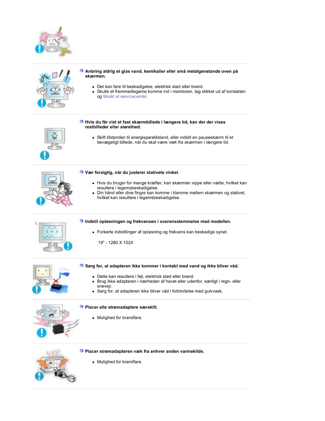 Samsung RT19FSSS/EDC manual Vær forsigtig, når du justerer stativets vinkel, Placer alle strømadaptere særskilt 