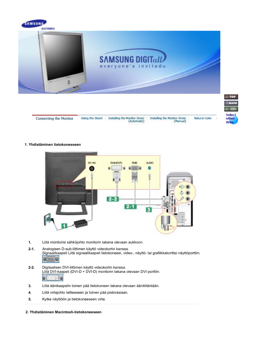 Samsung RT19FSSS/EDC manual Yhdistäminen tietokoneeseen, Yhdistäminen Macintosh-tietokoneeseen 