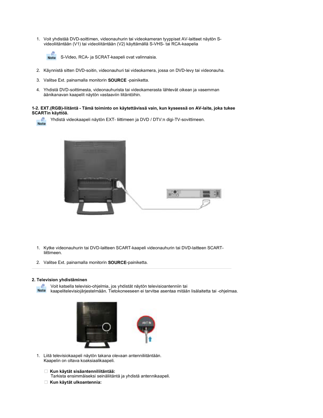 Samsung RT19FSSS/EDC manual Television yhdistäminen, Kun käytät sisäantenniliitäntää, Kun käytät ulkoantennia 