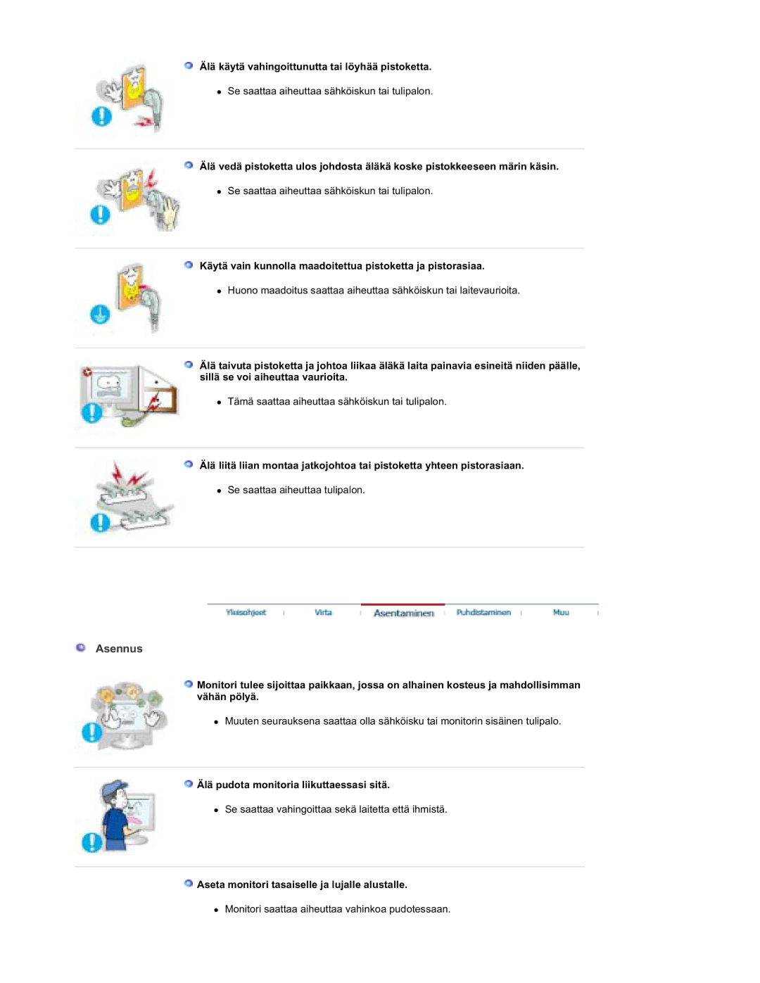 Samsung RT19FSSS/EDC Asennus, Älä käytä vahingoittunutta tai löyhää pistoketta, Älä pudota monitoria liikuttaessasi sitä 