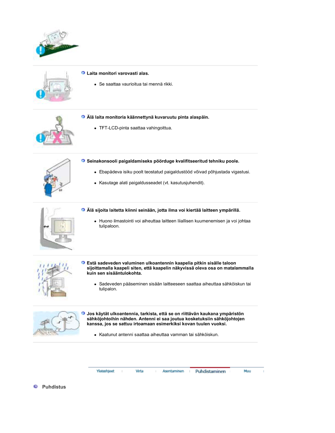 Samsung RT19FSSS/EDC Puhdistus, Laita monitori varovasti alas, Älä laita monitoria käännettynä kuvaruutu pinta alaspäin 