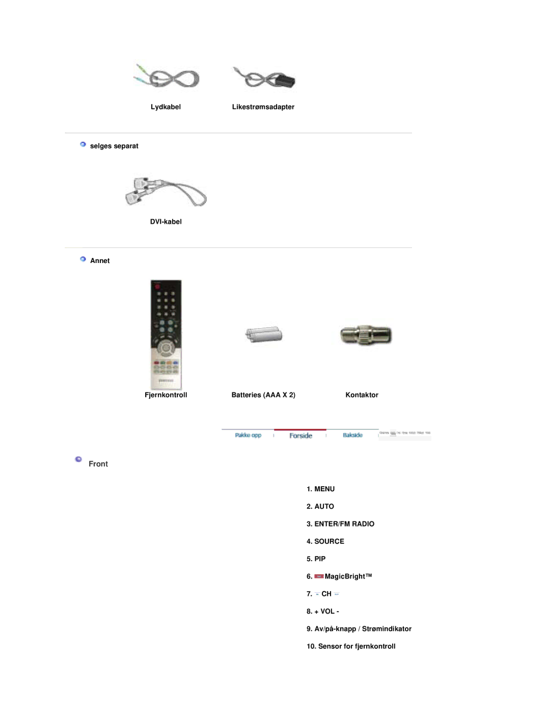 Samsung RT19FSSS/EDC manual Front, Menu Auto ENTER/FM Radio Source 