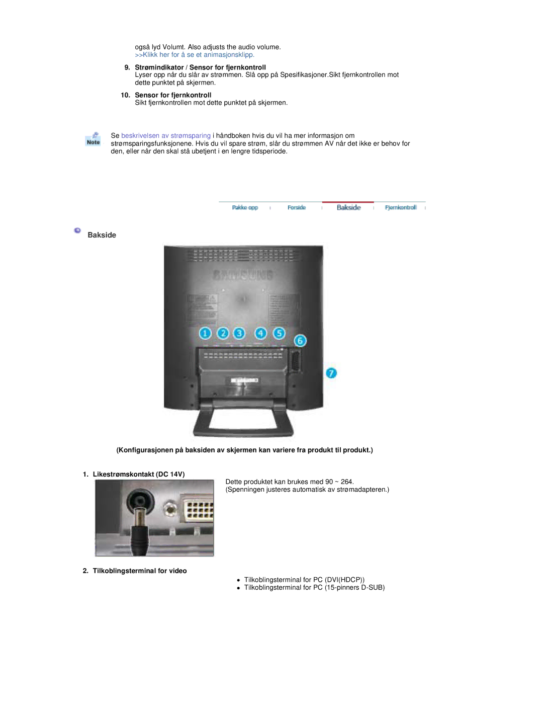 Samsung RT19FSSS/EDC manual Bakside, Strømindikator / Sensor for fjernkontroll, Tilkoblingsterminal for video 