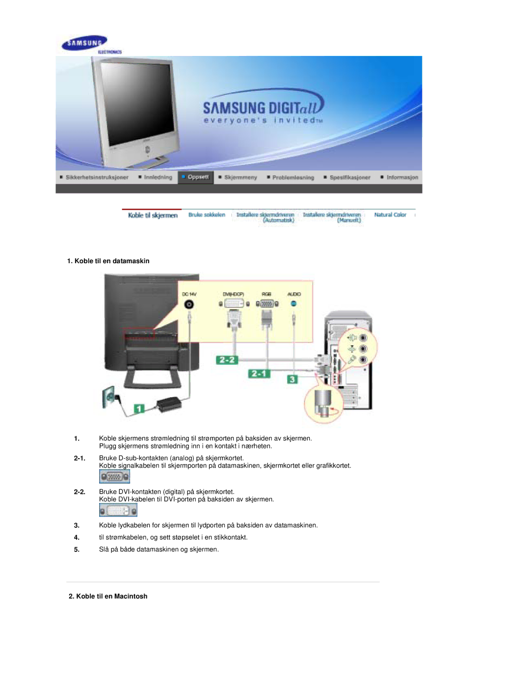 Samsung RT19FSSS/EDC manual Koble til en datamaskin, Koble til en Macintosh 