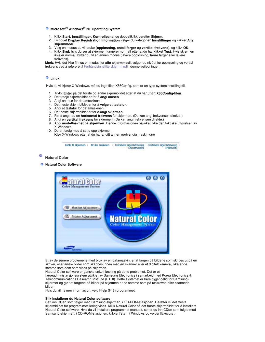 Samsung RT19FSSS/EDC manual Linux, Natural Color Software, Slik installerer du Natural Color software 