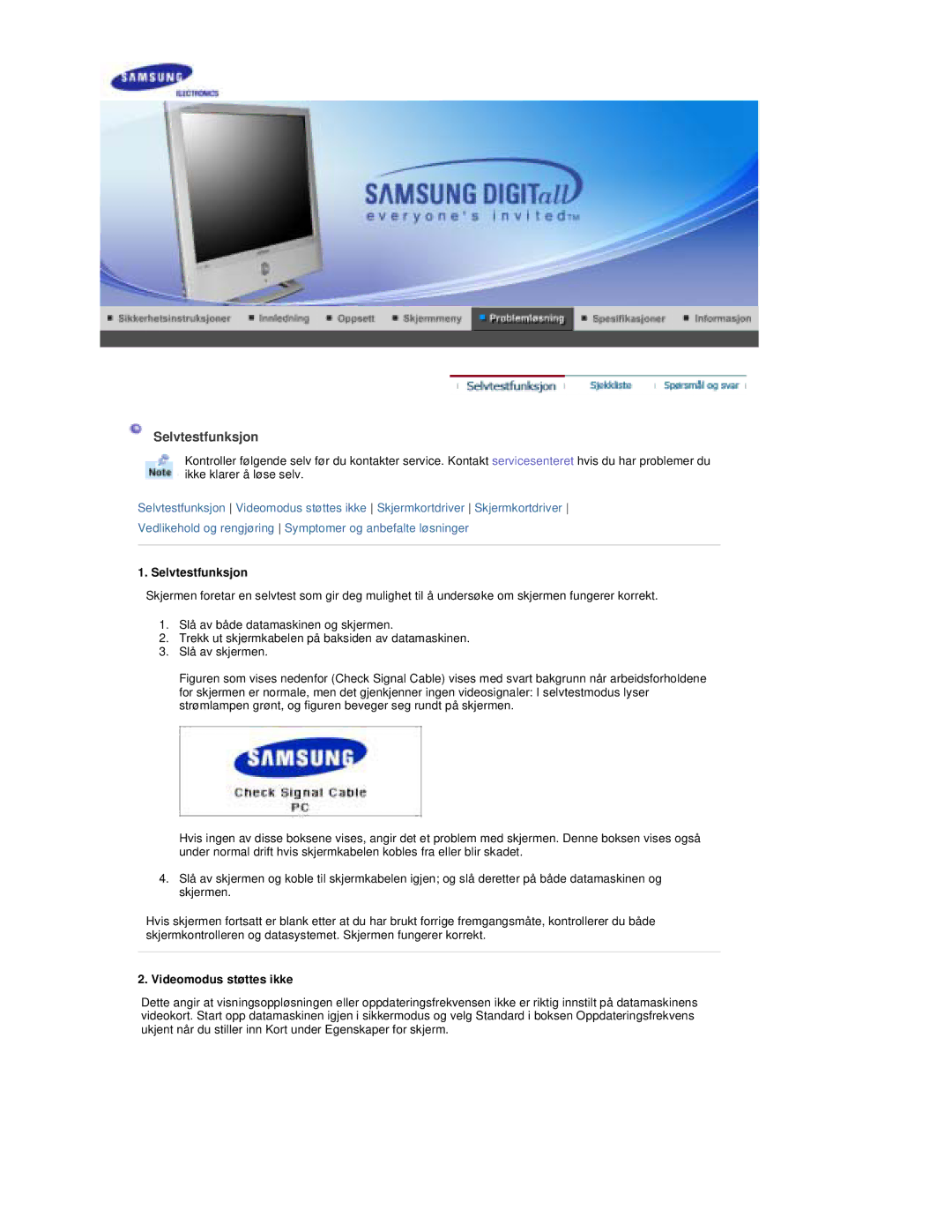 Samsung RT19FSSS/EDC manual Selvtestfunksjon, Videomodus støttes ikke 