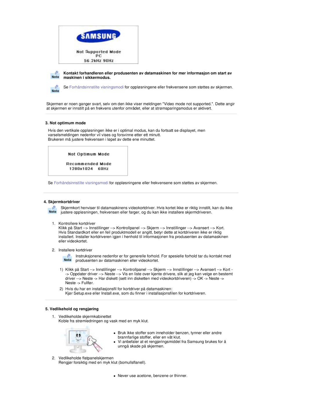 Samsung RT19FSSS/EDC manual Not optimum mode, Skjermkortdriver, Vedlikehold og rengjøring 