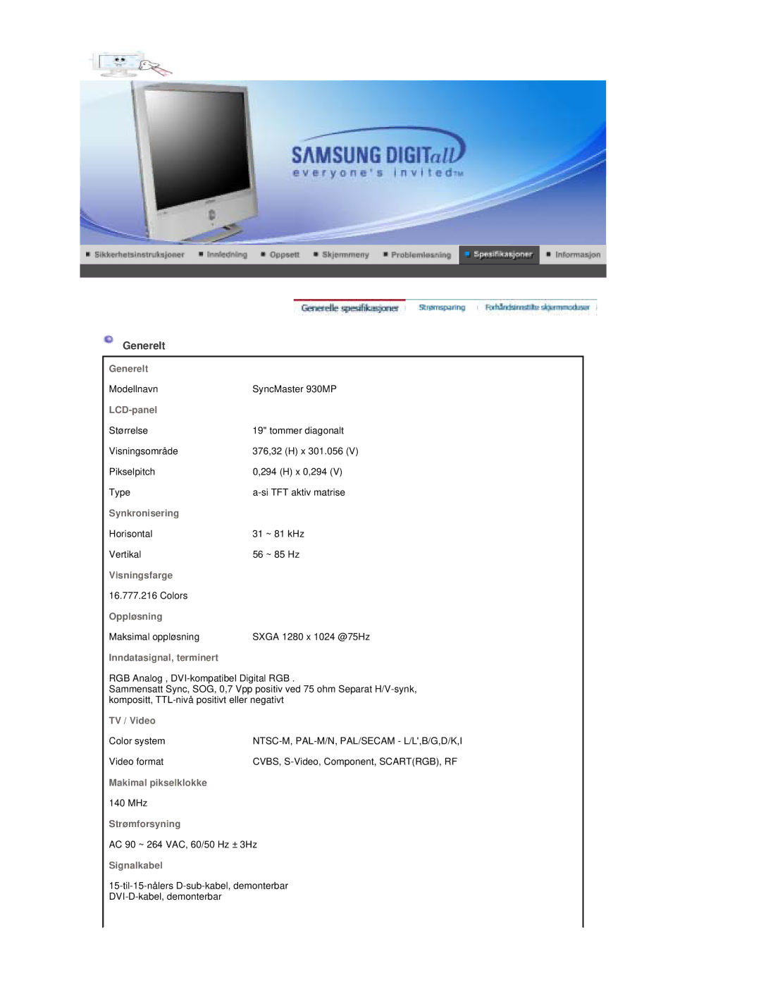 Samsung RT19FSSS/EDC manual Generelt, LCD-panel 