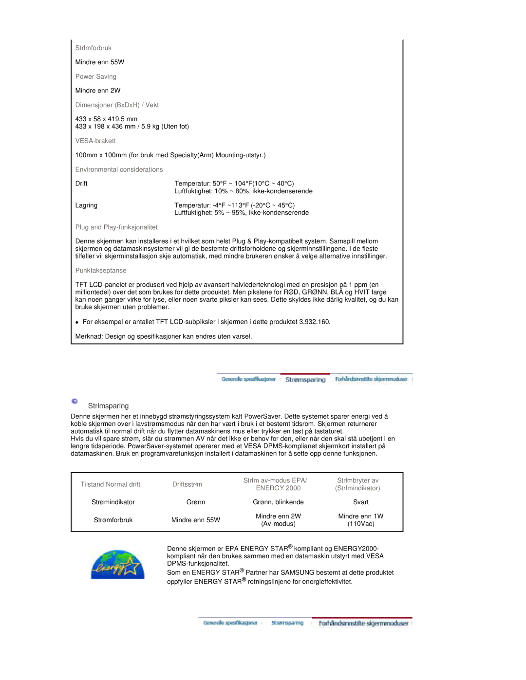 Samsung RT19FSSS/EDC manual Strømsparing, Merknad Design og spesifikasjoner kan endres uten varsel 