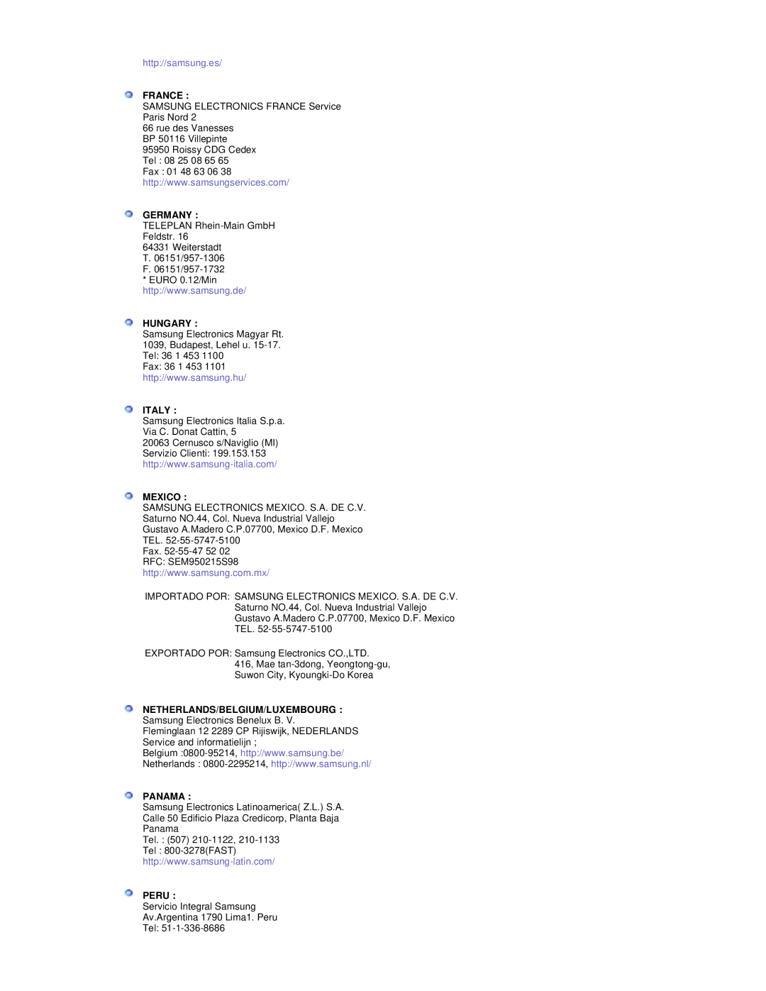 Samsung RT19FSSS/EDC manual France, Germany, Hungary, Italy, Mexico, Netherlands/Belgium/Luxembourg, Panama, Peru 