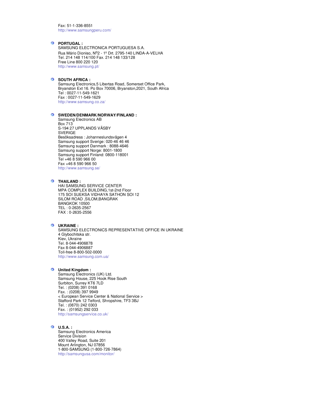 Samsung RT19FSSS/EDC manual Portugal, South Africa, Sweden/Denmark/Norway/Finland, Thailand, Ukraine 