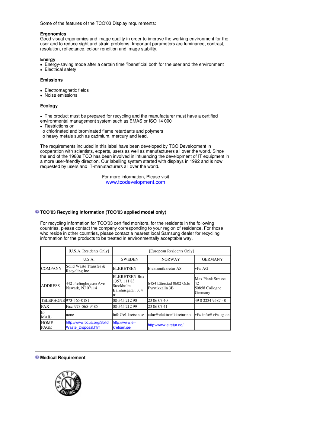 Samsung RT19FSSS/EDC manual Ergonomics, Energy, Emissions, Ecology, TCO03 Recycling Information TCO03 applied model only 