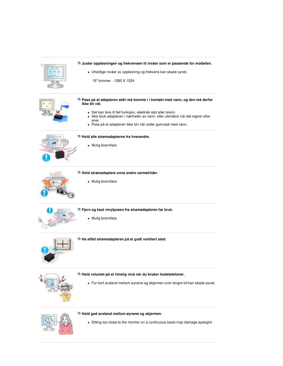 Samsung RT19FSSS/EDC manual Hold alle strømadapterne fra hverandre, Hold strømadaptere unna andre varmekilder 