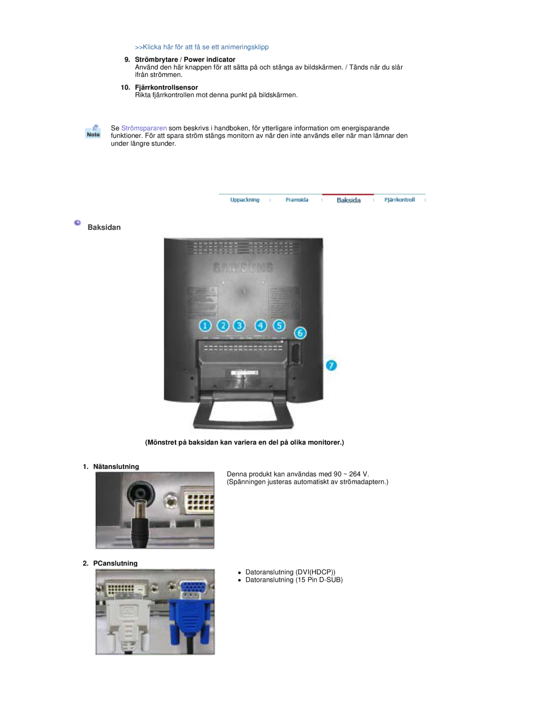 Samsung RT19FSSS/EDC manual Baksidan, Strömbrytare / Power indicator, 10. Fjärrkontrollsensor, PCanslutning 