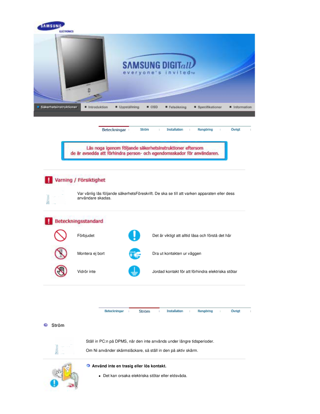 Samsung RT19FSSS/EDC manual Ström, Använd inte en trasig eller lös kontakt 